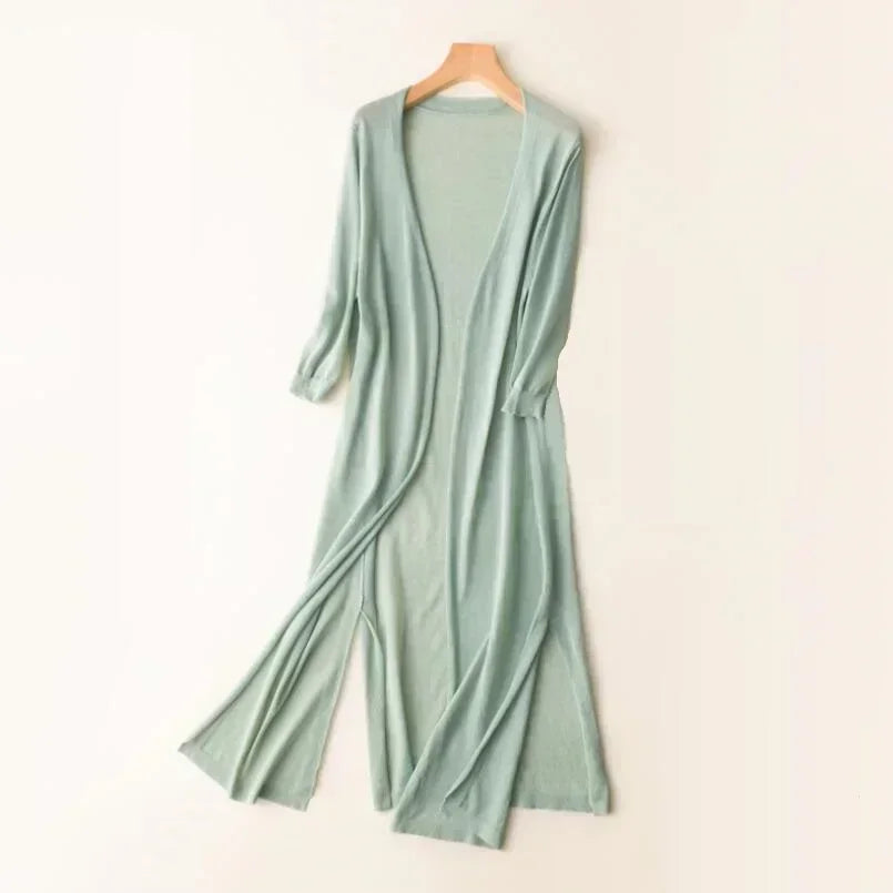 Women's long open-front cardigan relaxed fit lightweight layering knit neutral tones