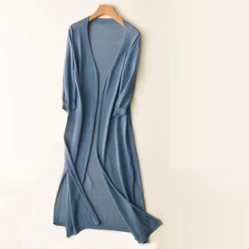 Women's light gray open-front longline cardigan relaxed fit breathable everyday office layer