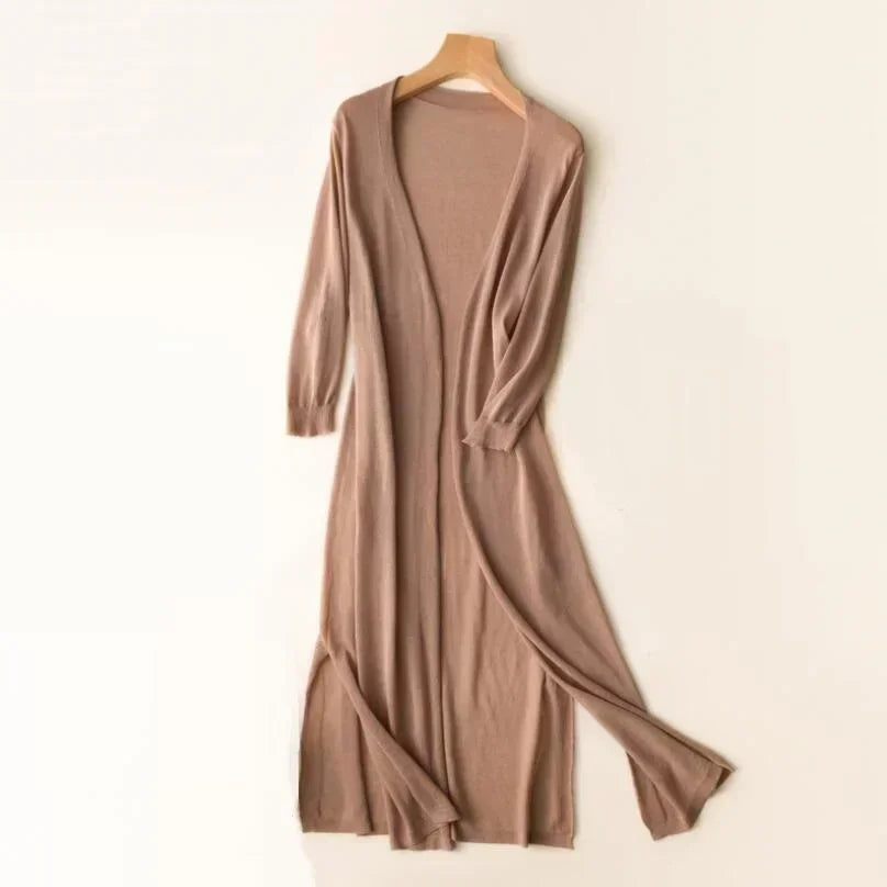 Women's long open-front cardigan relaxed fit lightweight layering knit neutral tones casual elegance