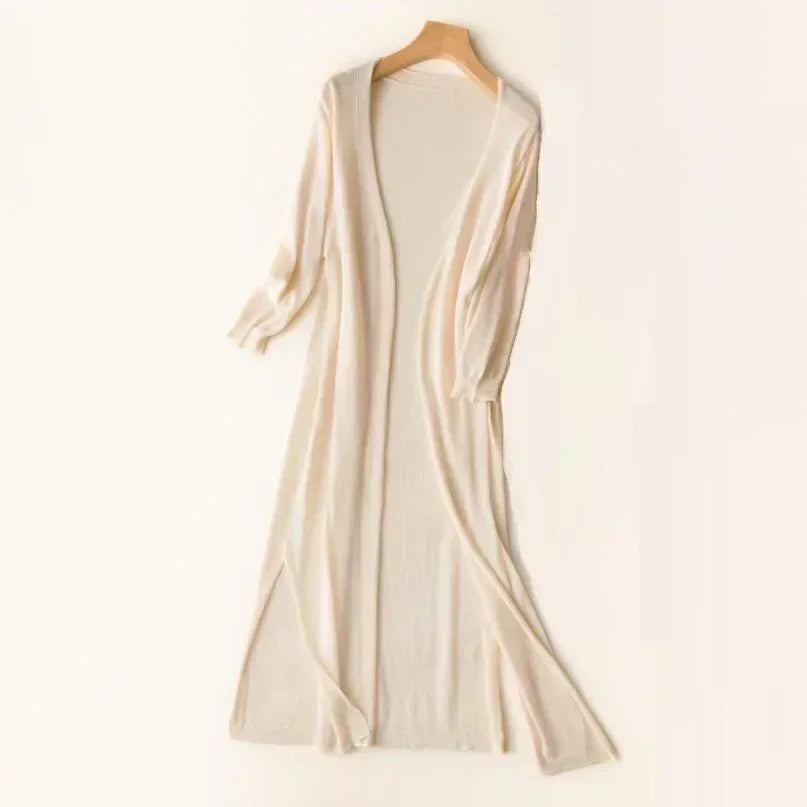 Women's longline open-front cardigan relaxed fit lightweight layering piece in neutral tone