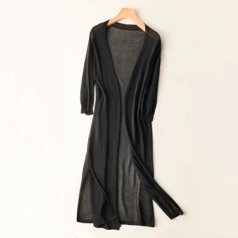 Women's longline open-front cardigan relaxed fit lightweight layering piece in neutral tone