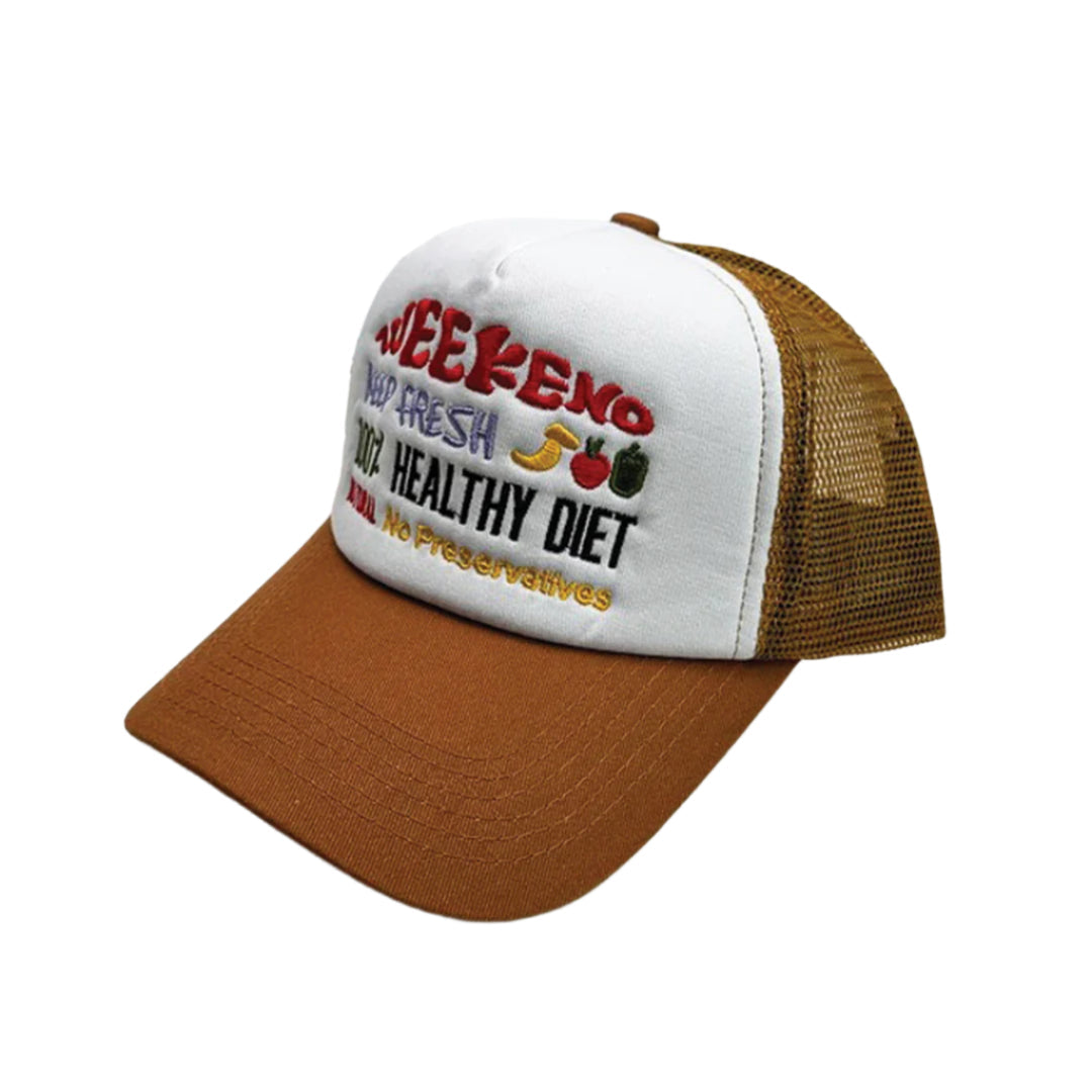 Colorblock trucker hat breathable mesh panels embroidered fruit design unisex casual cap