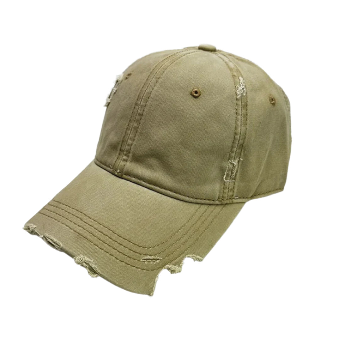 Distressed black cotton baseball cap with sliced brim and hand-worn streetwear finish