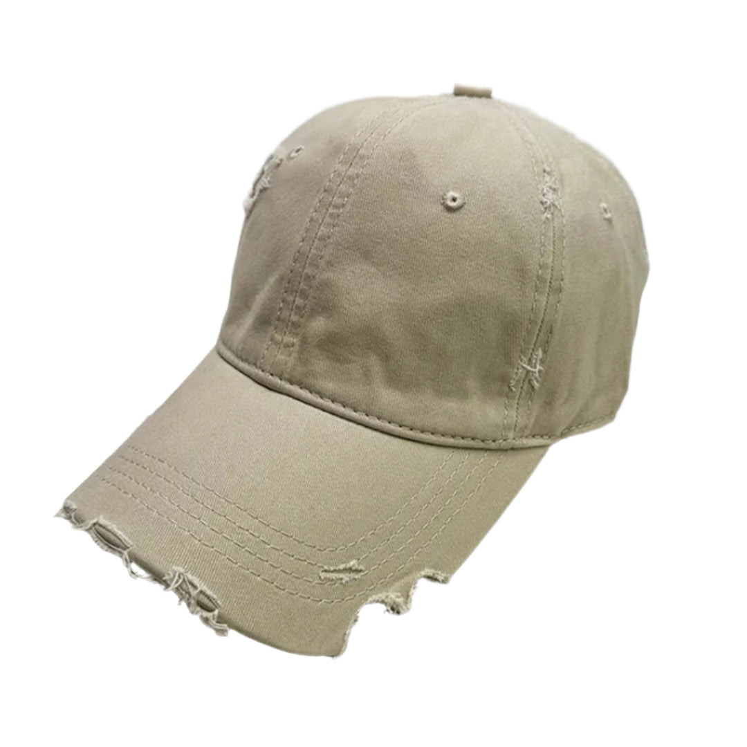 Distressed cotton baseball cap with sliced brim, hand-worn streetwear style and adjustable fit