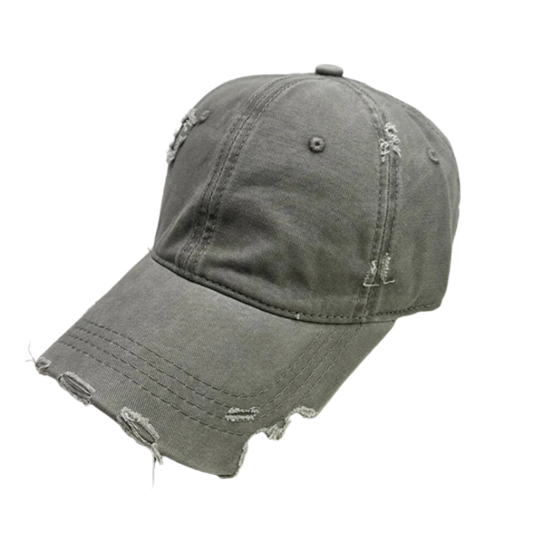 Distressed cotton baseball cap with sliced brim, streetwear style, hand-distressed finish, adjustable fit