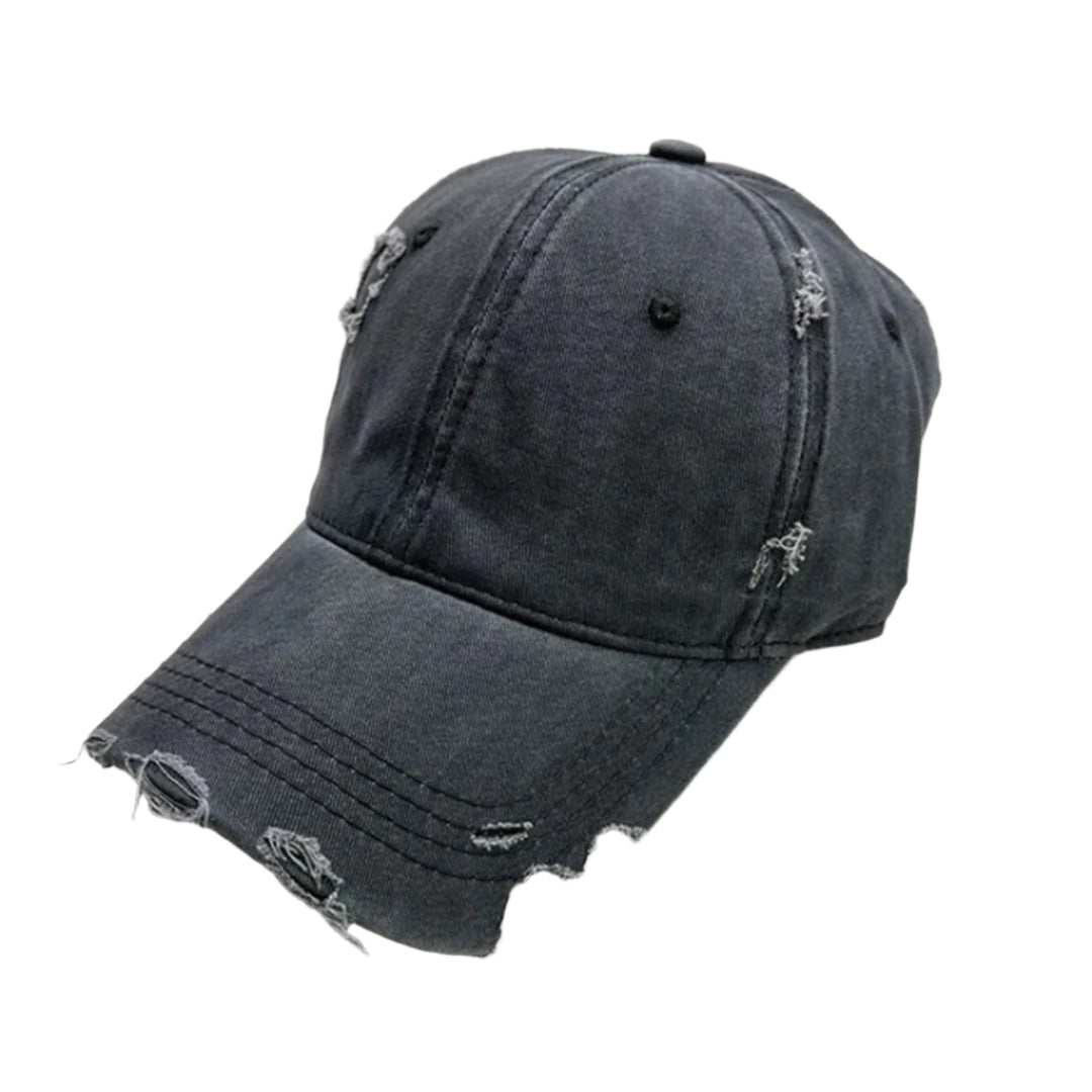 Distressed cotton baseball cap streetwear sliced brim hand-distressed adjustable fit edgy style