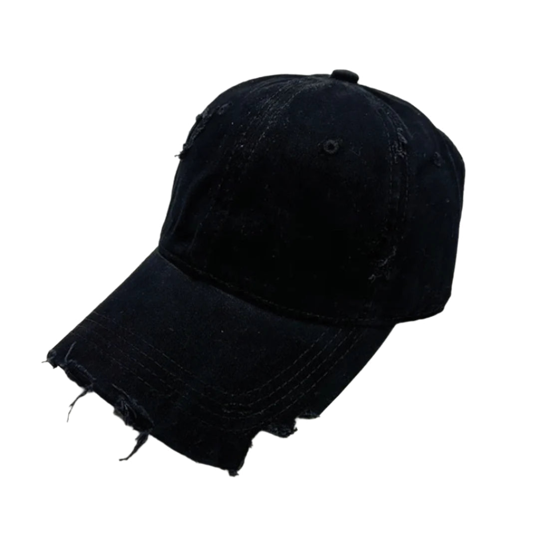 Distressed black cotton baseball cap with sliced brim and hand-worn streetwear finish