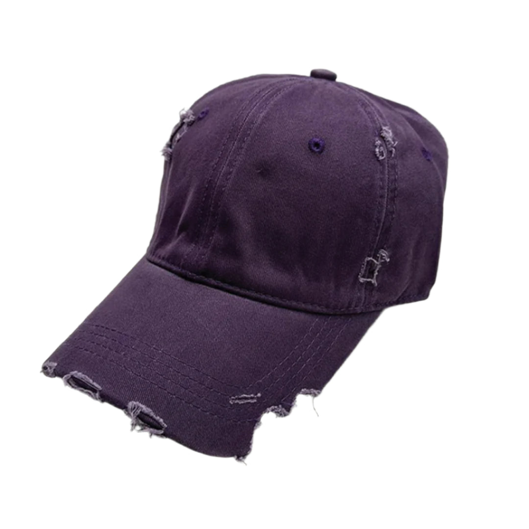 Distressed cotton baseball cap with sliced brim, streetwear style, hand-distressed finish, adjustable fit
