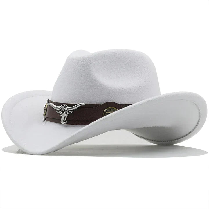 Structured felt Western hat with bison buckle strap, rugged ranch style for outdoor and urban wear