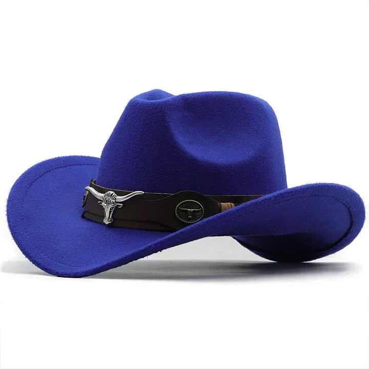 Structured felt Western hat with bison buckle strap, wide brim, rugged ranch style for outdoor wear