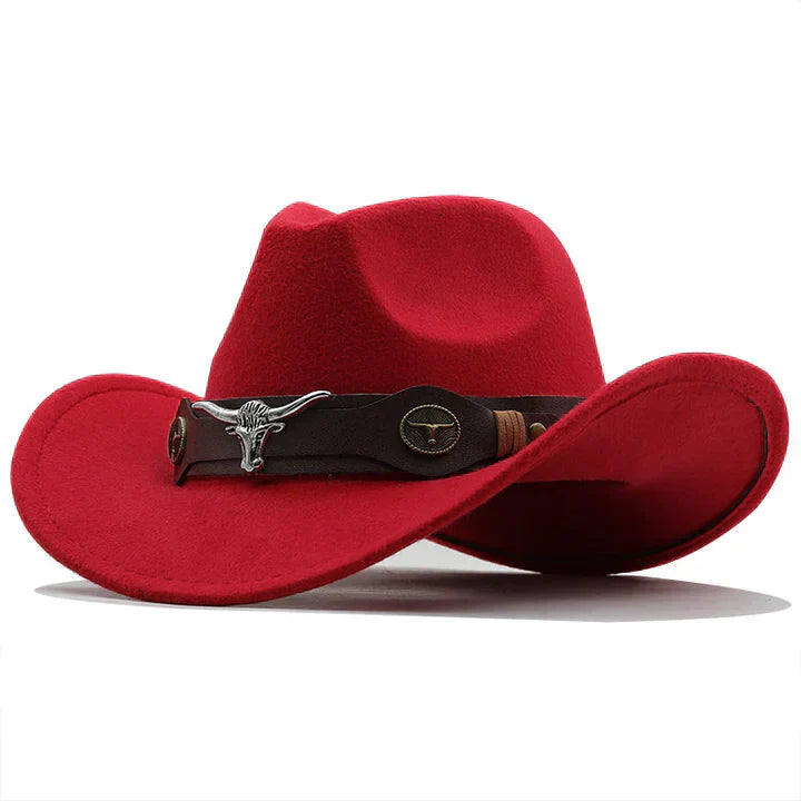 Structured felt Western hat with bison buckle strap, rugged ranch style for outdoor and urban wear