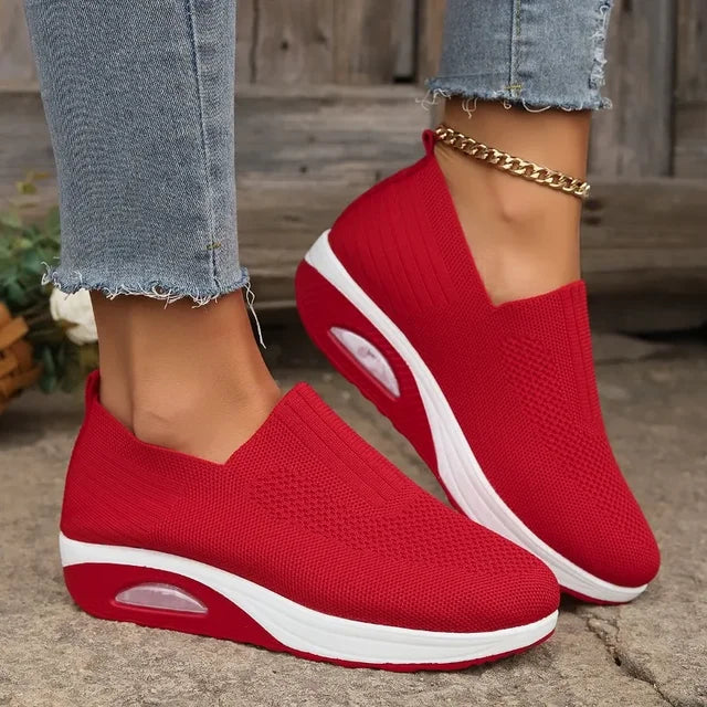 Women's slip-on knit sneakers lightweight air-cushioned sole breathable comfort fit everyday casual