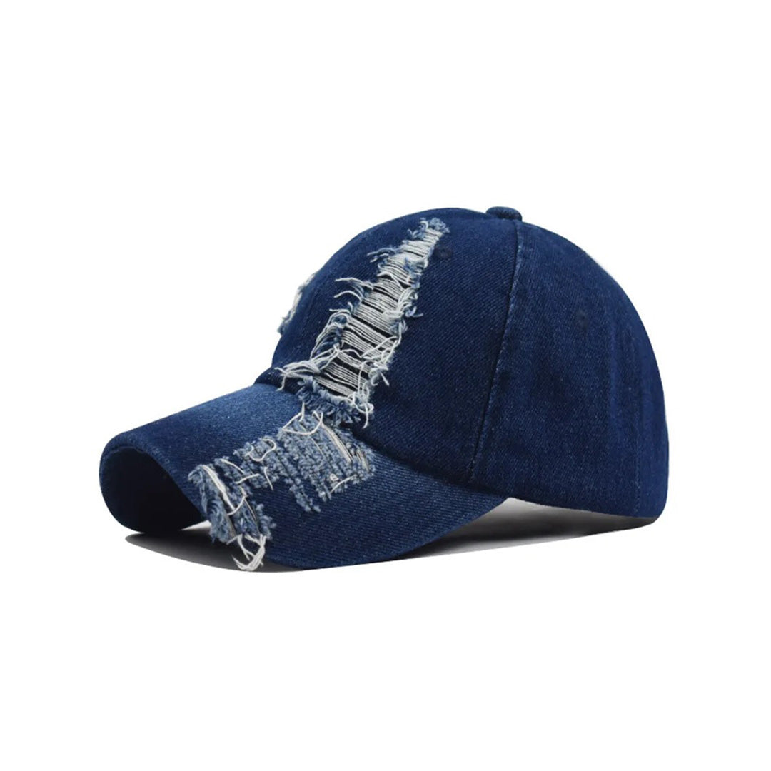 Vintage distressed denim hat with torn fringes and adjustable strap, rugged worn-in style