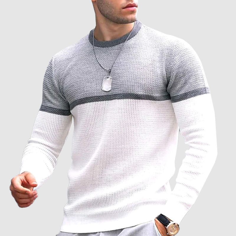 Men's two-tone knit sweater crew neck regular-fit long sleeve contrast casual smart style