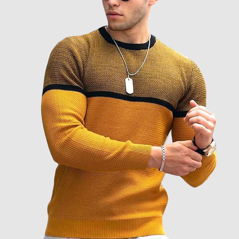Men's two-tone knit sweater crew neck regular-fit long sleeve contrast color casual top