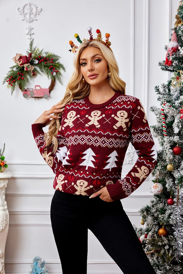 Women's burgundy Fair Isle Christmas knit pullover sweater with gingerbread men and festive tree motifs