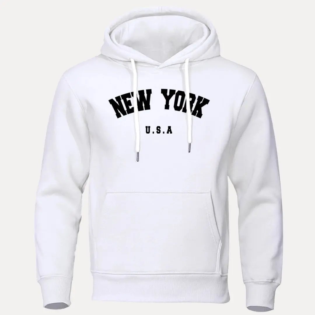 Black relaxed-fit New York USA hoodie with adjustable drawstring hood and kangaroo pocket