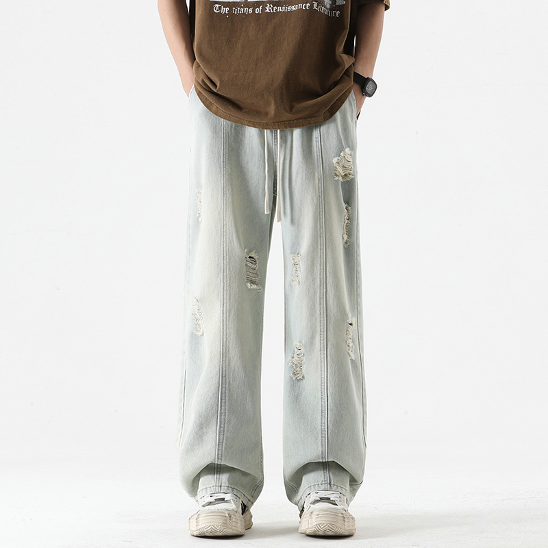 Distressed wide-leg denim joggers premium washed blue streetwear drawstring waistband rugged vintage fit