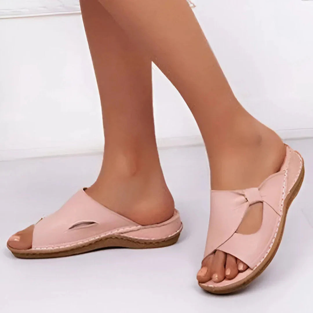 Niana women's beige PU leather open-toe wedge sandals with bow detail and breathable cut-outs