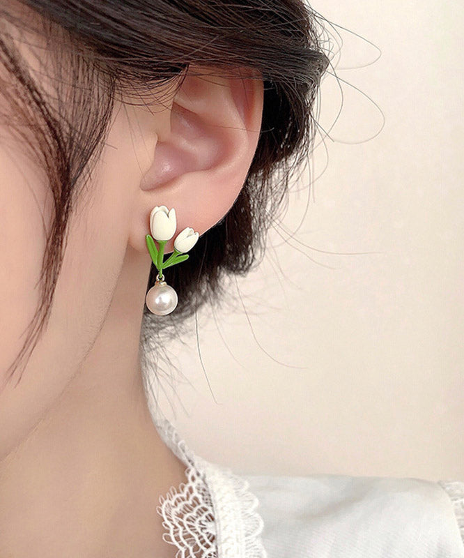 Boucles d'oreilles tulipes en alliage d'argent sterling et perles pour femmes - Urbann-Vibe