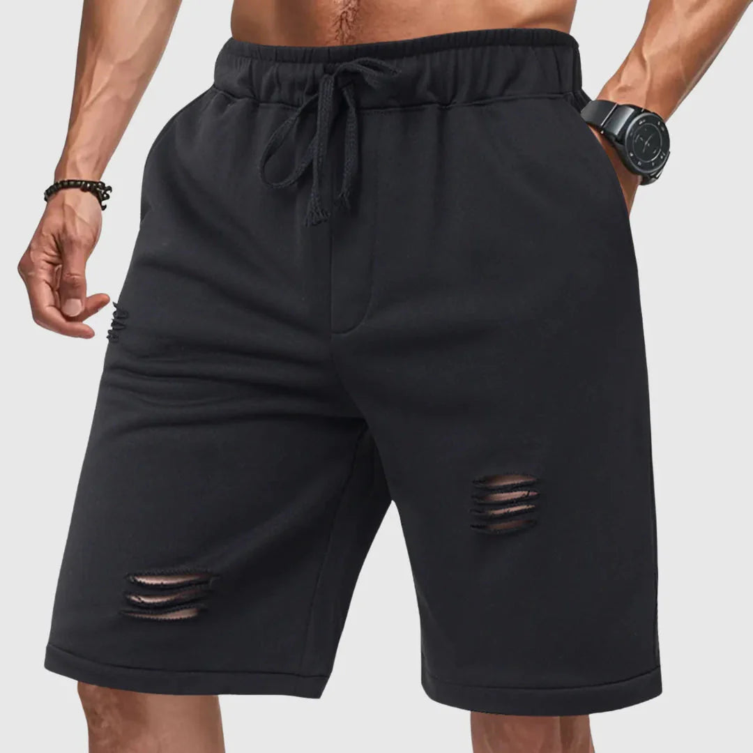 Men's gray distressed jogger shorts relaxed fit drawstring waist streetwear cotton blend