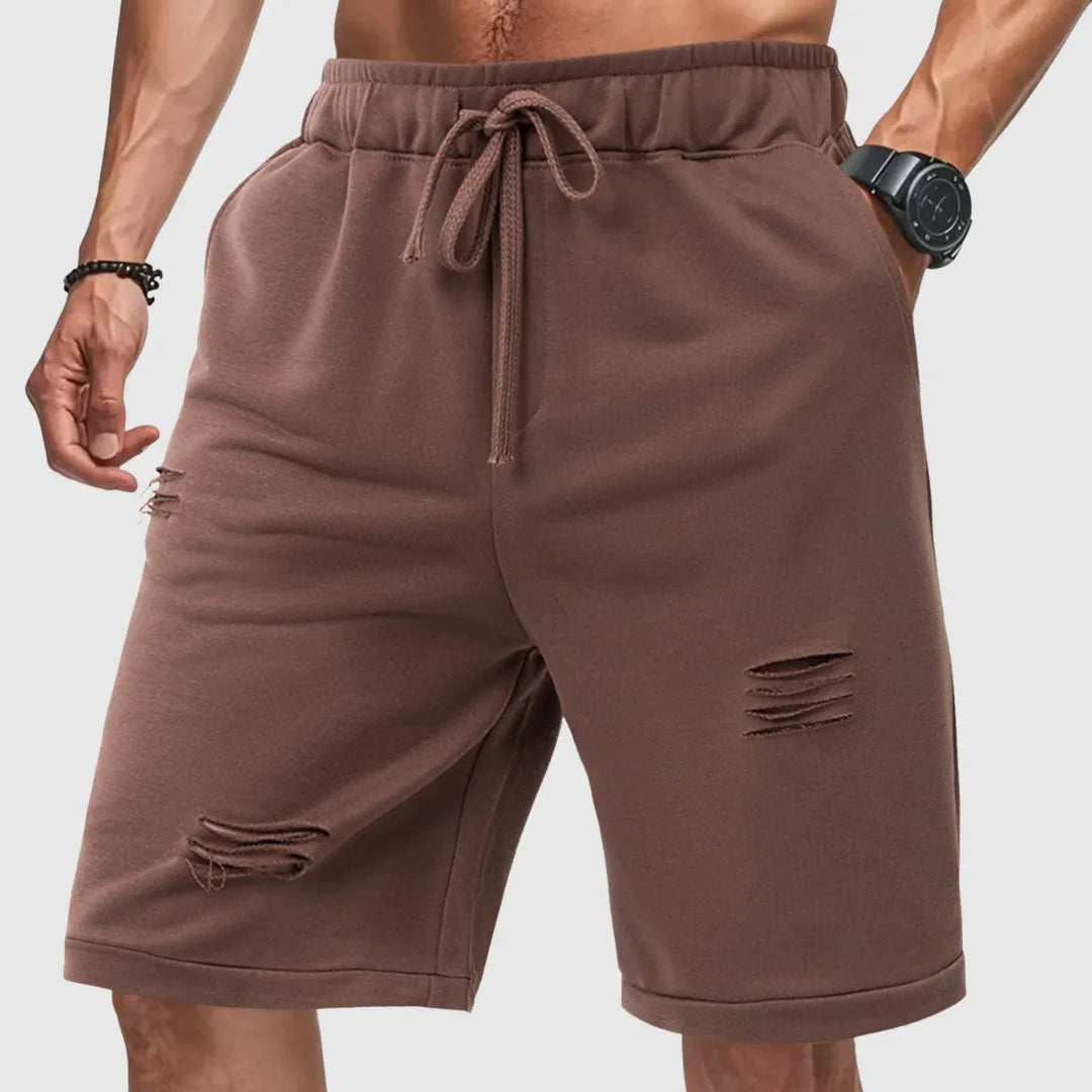 Men's distressed gray jogger shorts relaxed fit drawstring waist ripped streetwear cotton blend