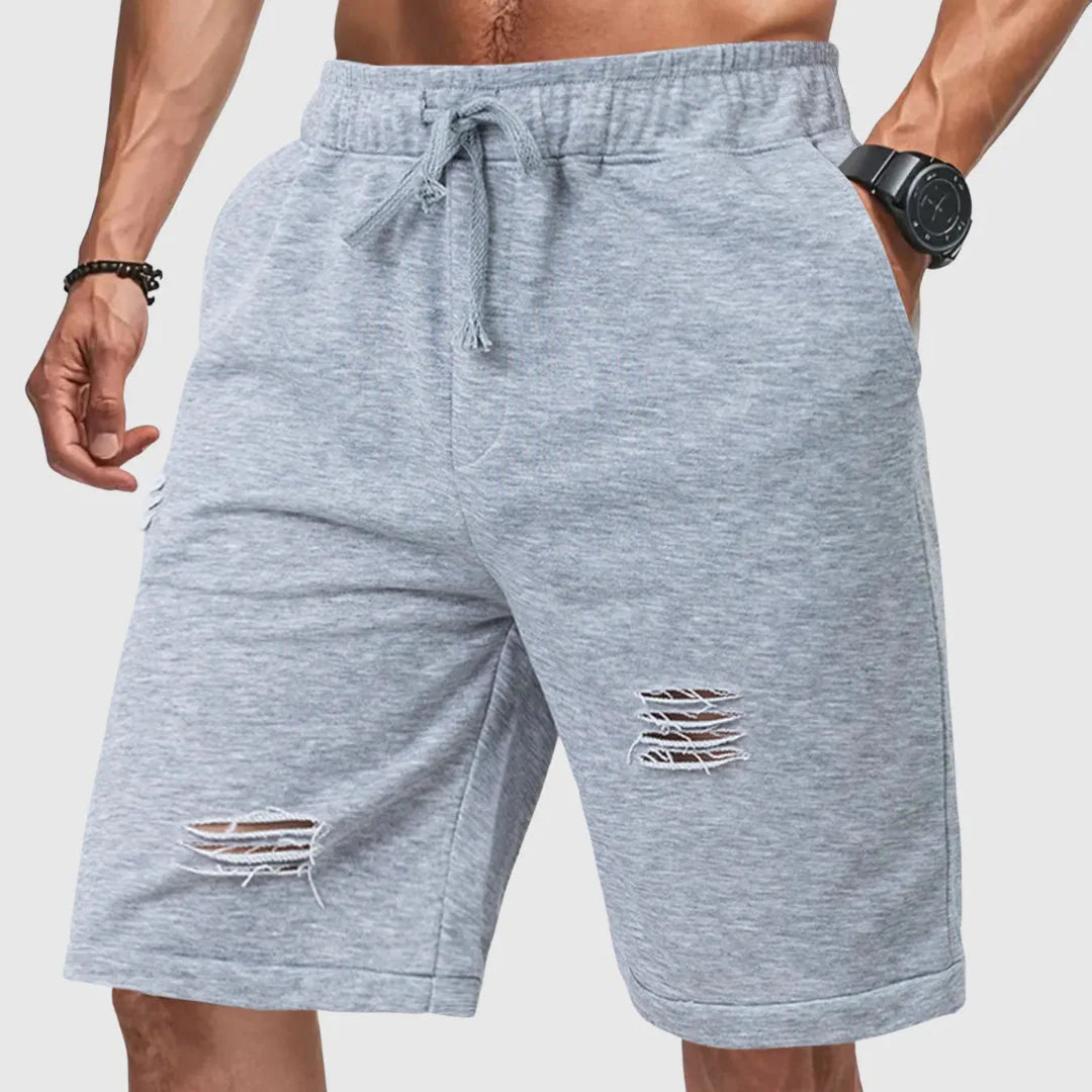 Men's gray distressed jogger shorts relaxed fit drawstring waist streetwear cotton blend