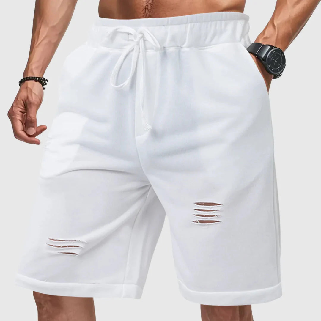 Men's gray distressed jogger shorts relaxed fit cotton blend drawstring waist streetwear style