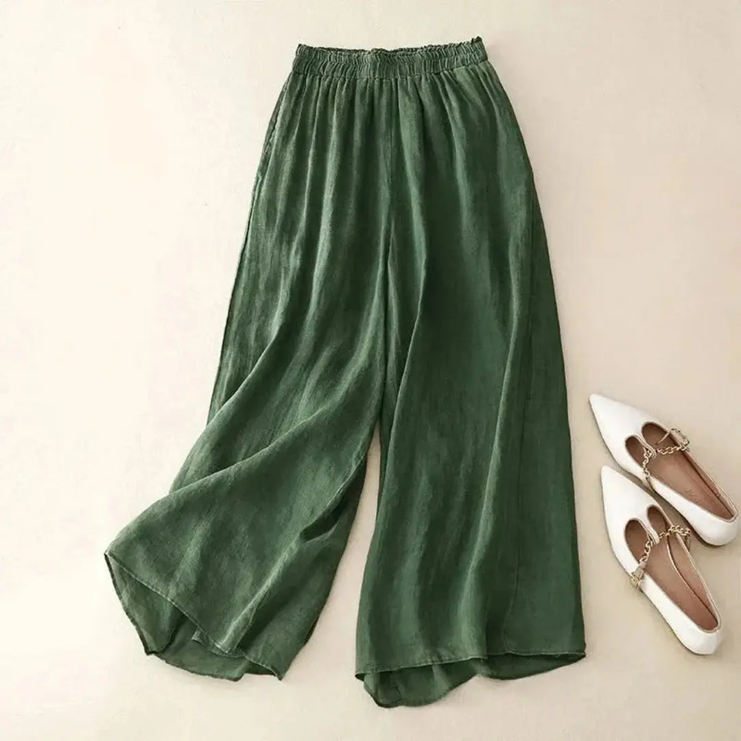 Women's wide leg linen trousers elastic high waist breathable relaxed fit casual everyday pants