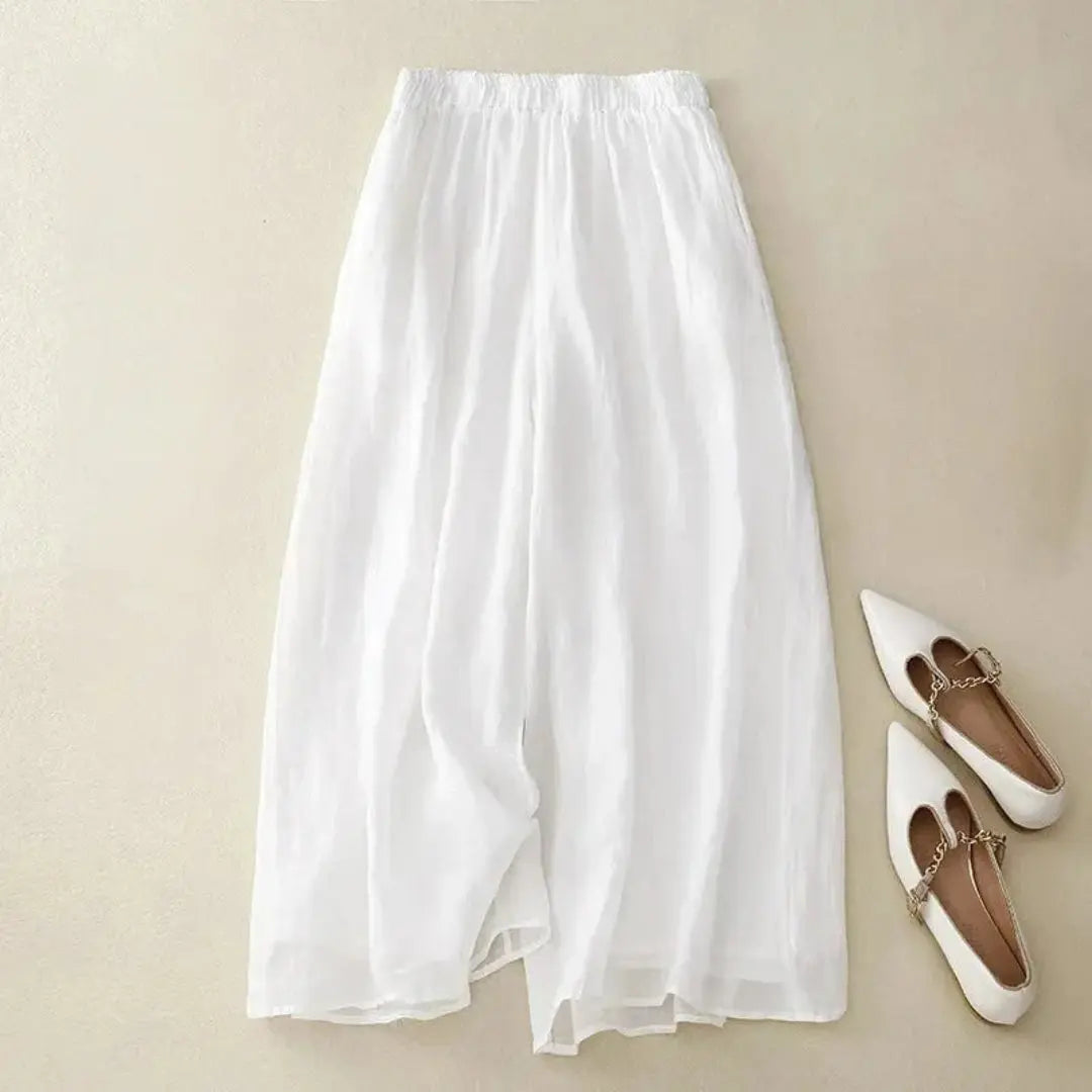 Women's wide leg linen trousers elastic high waist breathable relaxed fit casual everyday pants