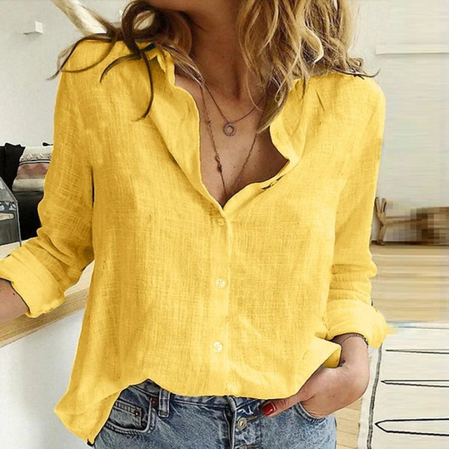 Women's white cotton V-neck button-front blouse with flattering fit and elegant silhouette