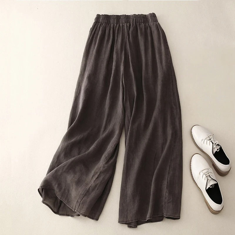 Women's wide-leg linen blend pants with elastic waist, breathable flowy silhouette for effortless chic