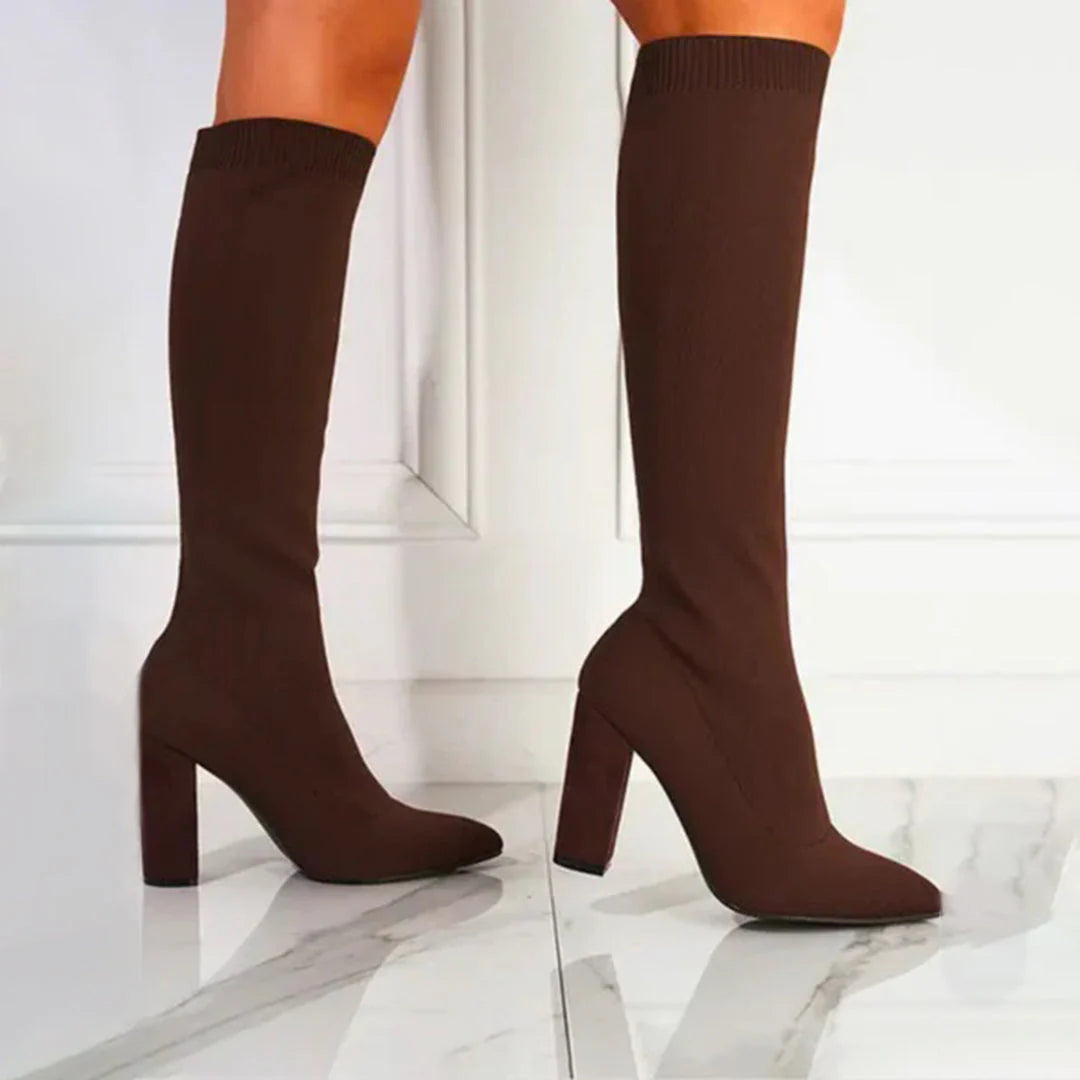 Charlotte women's black knee-high winter boots with high heel and warm insulated lining