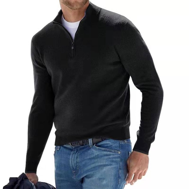 Men's casual half zip knit sweater with adjustable neckline, long sleeves, versatile layering style