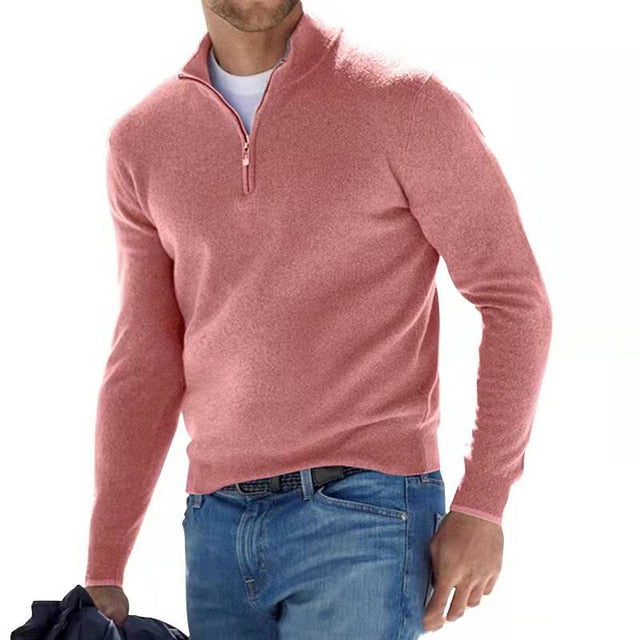 Men's casual half-zip knit sweater with adjustable neckline, long sleeves, relaxed fit for layering