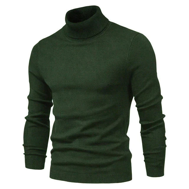 Men's warm high neck knit sweater in cozy ribbed fabric, timeless layering essential for casual style