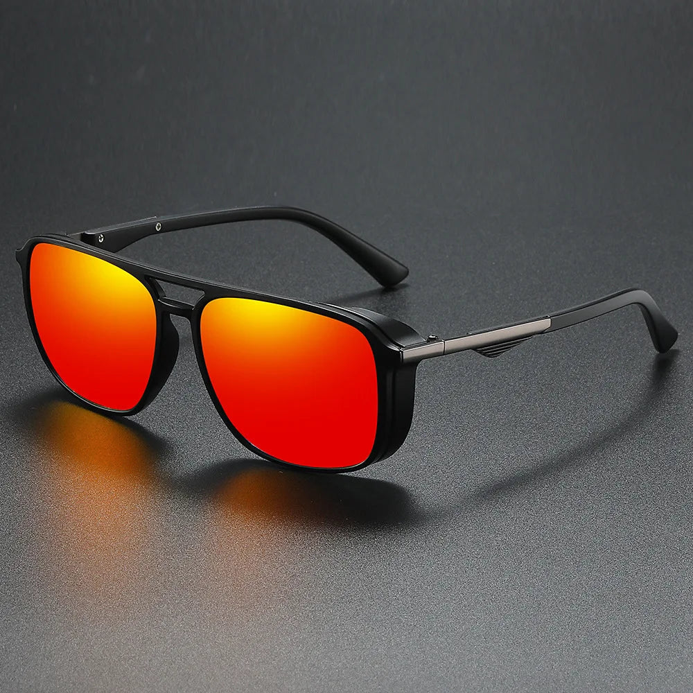 Unisex matte black rectangular aviator sunglasses with jet-black UV400 lenses for professionals