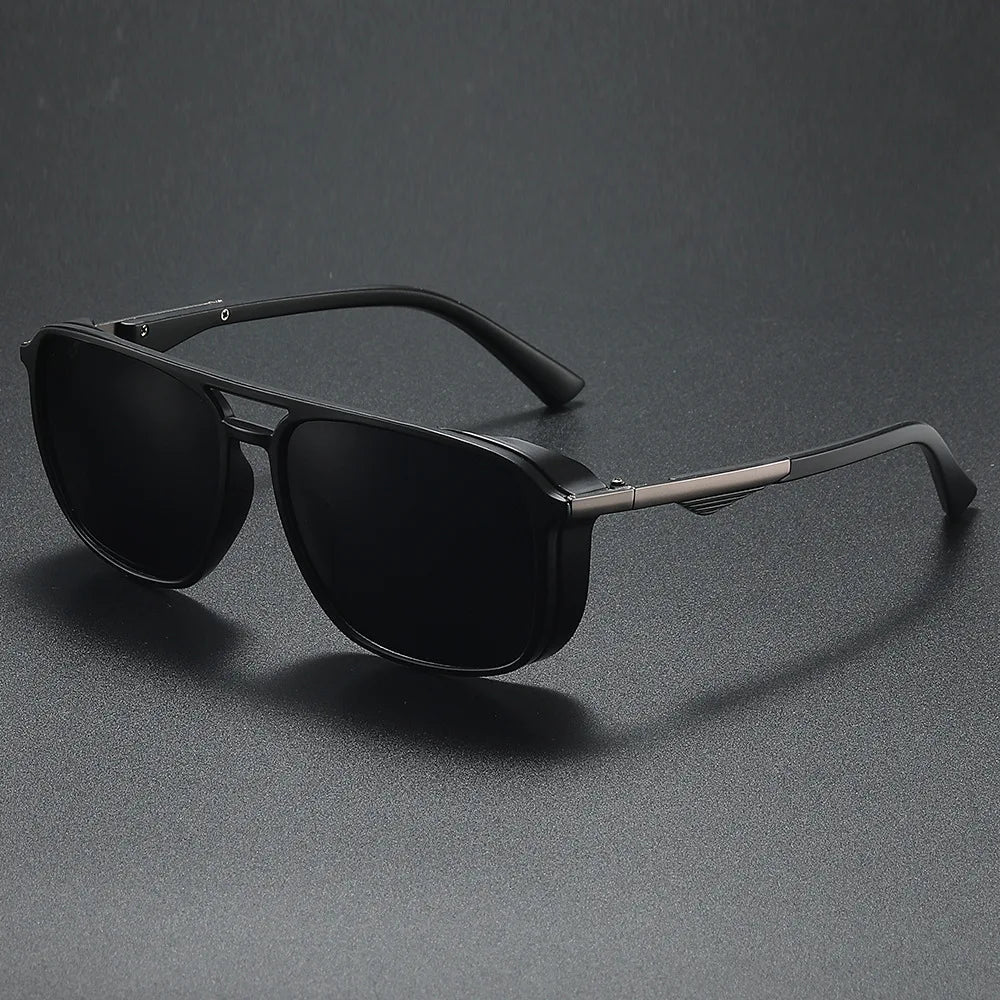 Unisex matte black rectangular aviator sunglasses with jet-black UV400 lenses for professionals