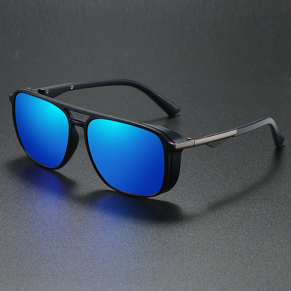Unisex matte black rectangular aviator sunglasses with jet-black UV400 lenses, sleek minimalist design