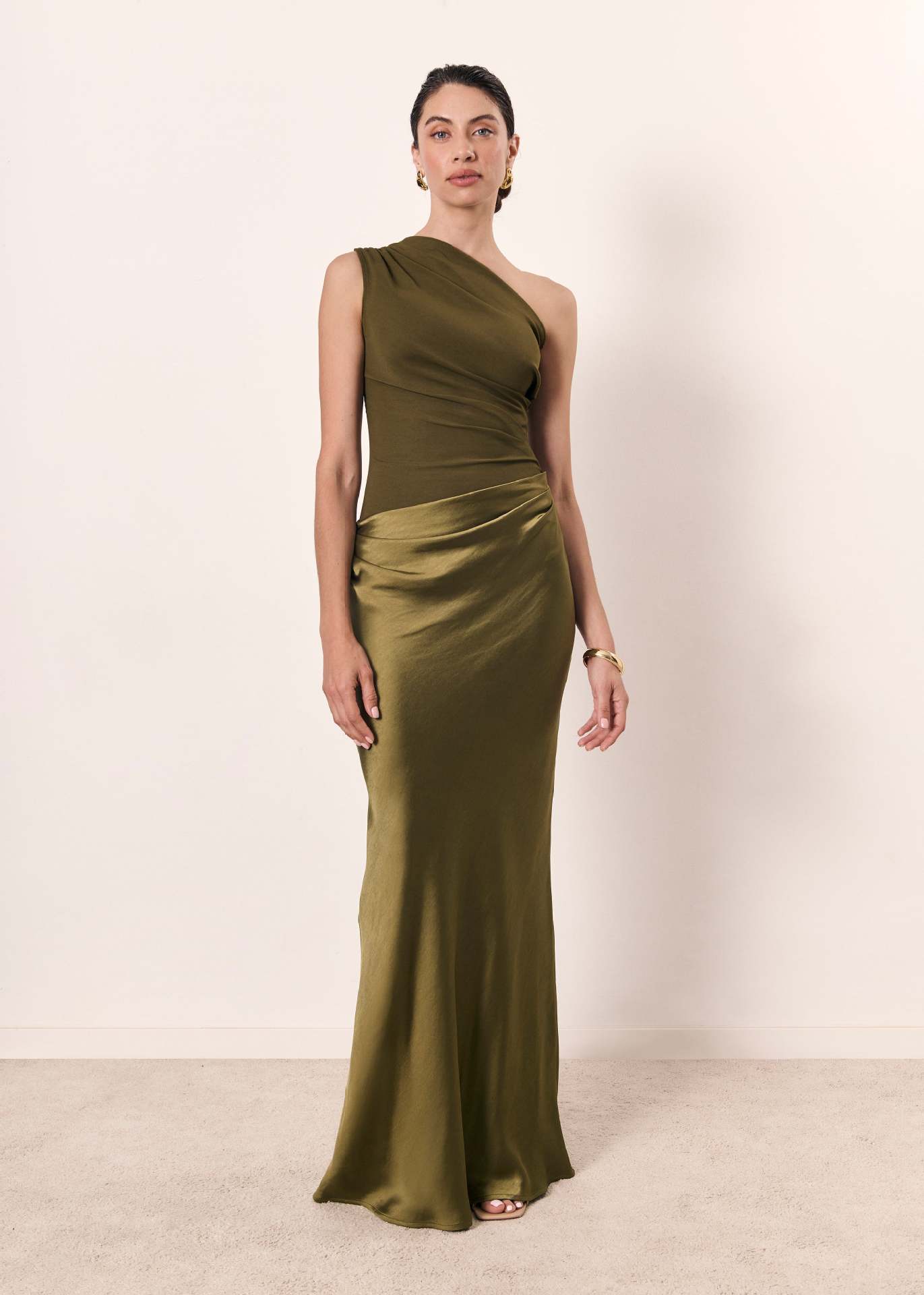 Chocolate satin one-shoulder formal maxi dress with elegant flowing silhouette for women