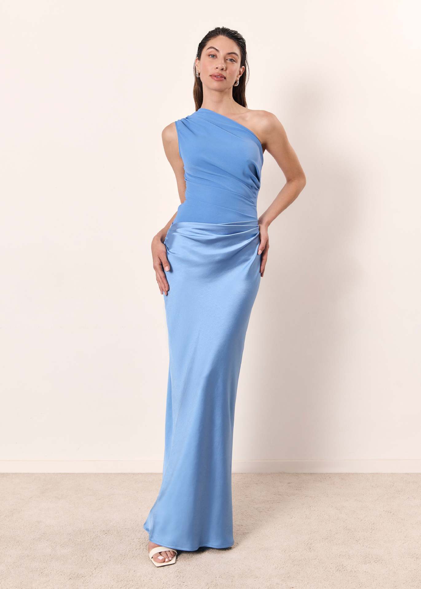 Chocolate satin one-shoulder maxi dress with elegant flowing silhouette for formal events