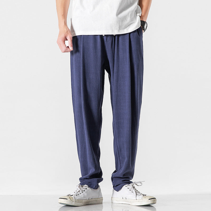 Men's relaxed tapered linen blend pants with elastic waist, lightweight breathable fabric for warm weather