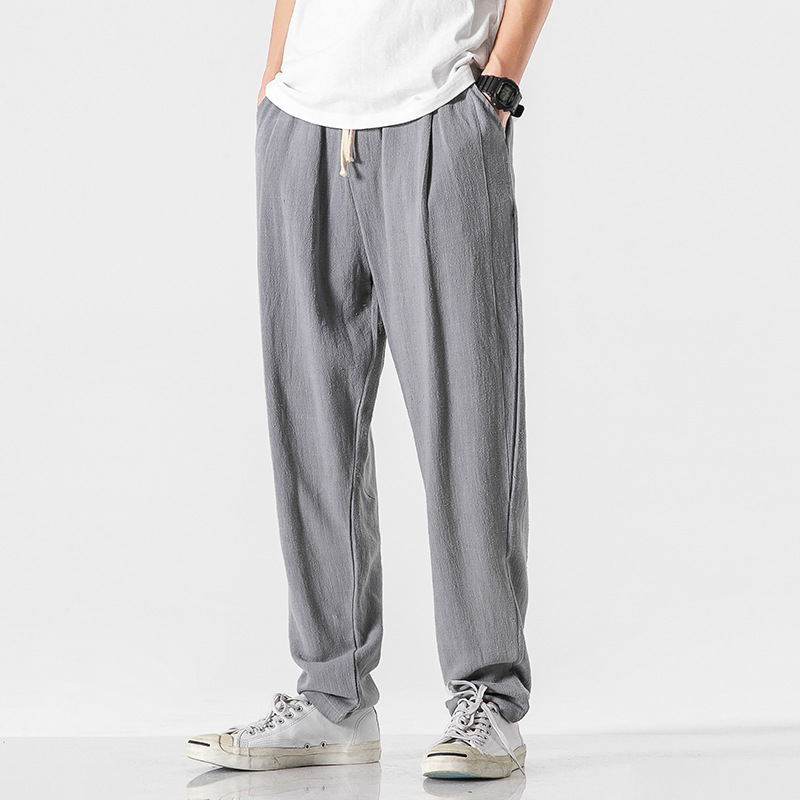 Men's relaxed tapered linen blend pants with elastic waist, lightweight breathable fabric for warm weather