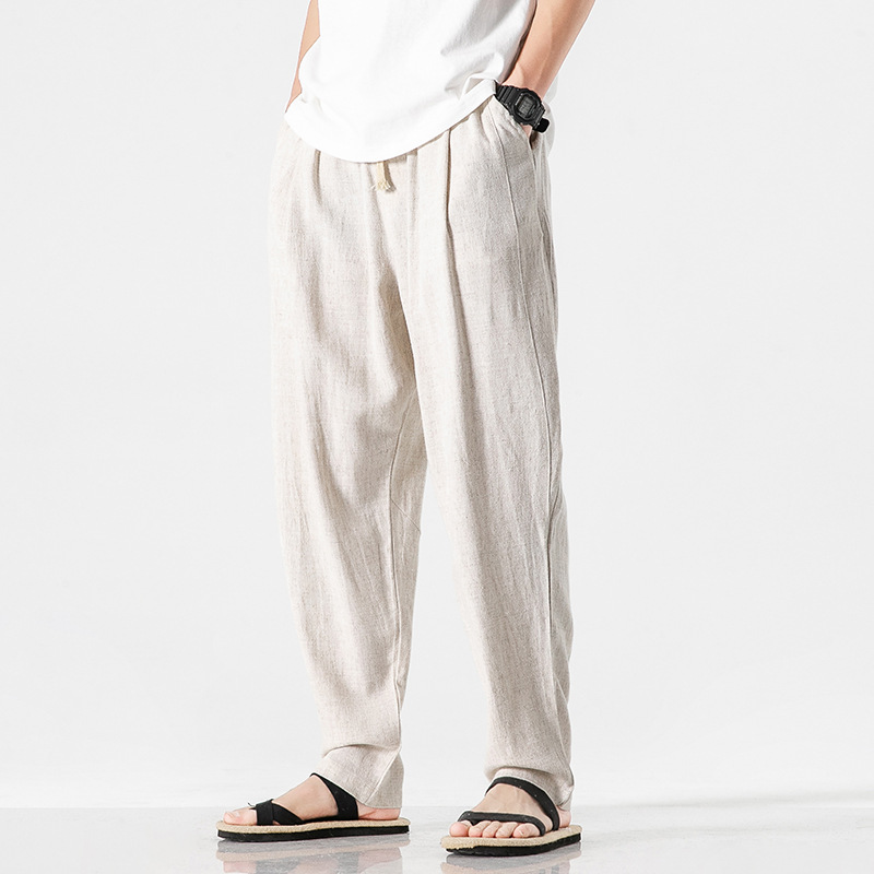 Men's relaxed linen blend pants lightweight breathable loose tapered fit with elastic waist