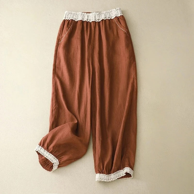 Women's beige linen trousers relaxed fit with delicate lace cuffs, breathable everyday casual style