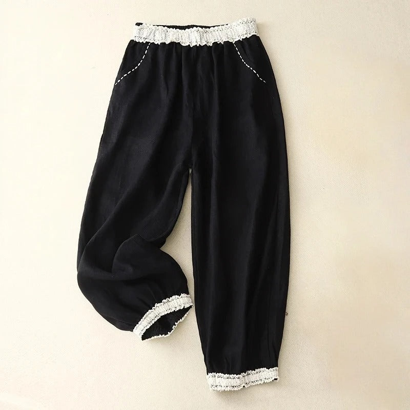 Women's beige linen trousers relaxed fit with delicate lace cuffs, breathable casual style
