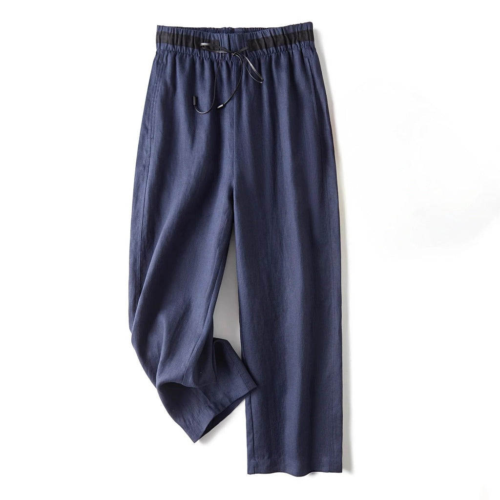 Women's beige linen pants relaxed straight-leg silhouette with contrast drawstring waistband