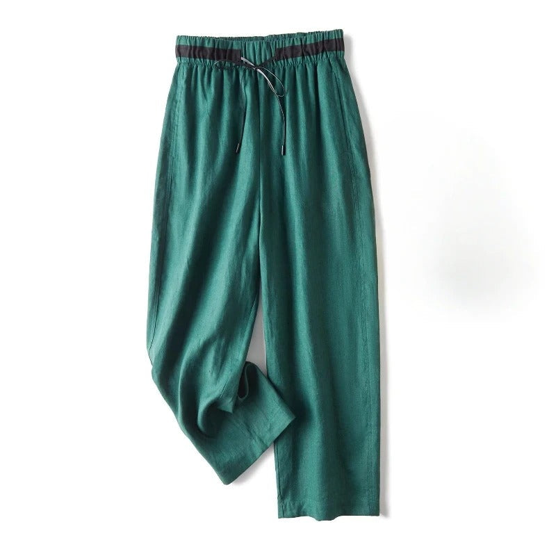 Women's beige linen straight-leg relaxed pants with contrast drawstring waistband