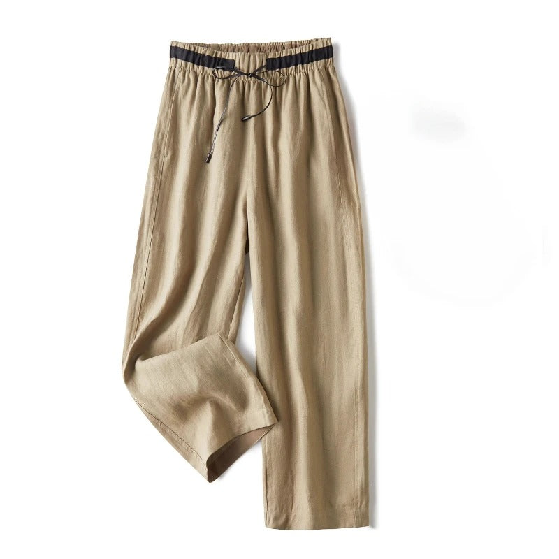 Women's beige linen straight-leg pants relaxed fit with contrast drawstring waistband