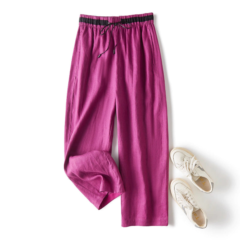 Women's beige linen straight-leg pants relaxed fit with contrast drawstring waistband